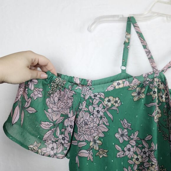 Torrid Cold Shoulder Halter Top Crinkle Chiffon Floral Green Sz 1X Lined Shimmer - Picture 3 of 11